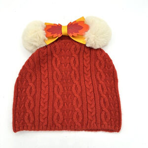 Loungefly‎ Disney Minnie Mouse Faux Fur Pom Beanie Orange Fall Cable Knit NWT